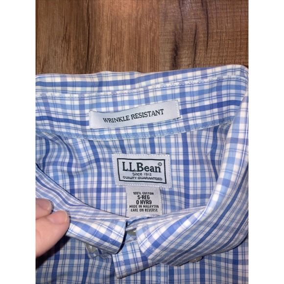 LL Bean Shirt Mens Blue Check Short Sleeve Button Up Wrinkle Free Small - Picture 4 of 5